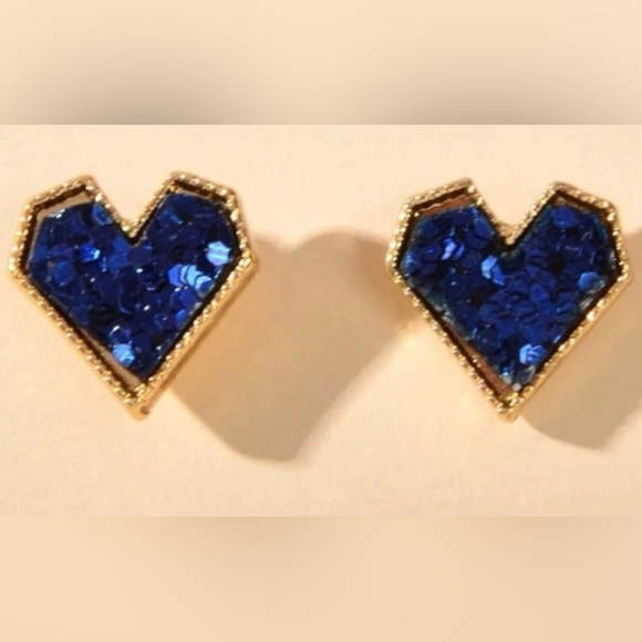 “Blue Sequin Heart” Dainty Tiny Mini Gold Love Valentines Sparkly Romance Studs - Picture 3 of 11